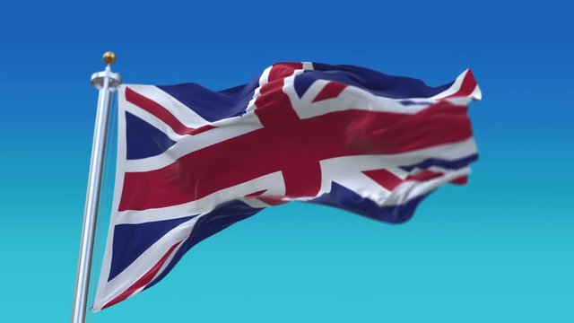 4k flag of the United Kingdom Of Great Britain England and Northern Ireland (Union Jack) with flagpole waving in wind.A fully digital rendering,The animation loops at 20 seconds.flag 3D animation.