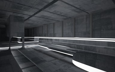 Empty dark abstract concrete room smooth interior. Architectural background. Night view of the illuminated. 3D illustration and rendering