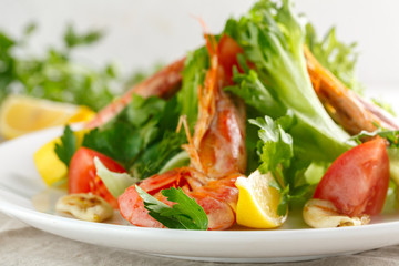 fresh salad with grilled shrimps with spices and tomatoes