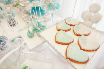 Candy bar. Gingerbread, marshmallows, sweets, decorated with a sweet buffet, the concept of a festive table, buffet. Various sweets for gourmets on the tray for display.
