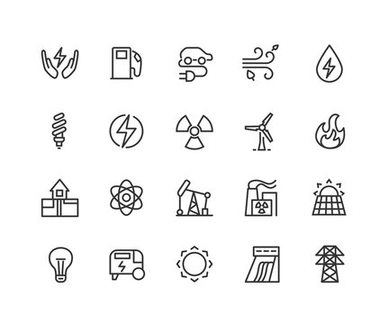 Electric energy linear icons set. Electricity. Power generation and accumulation. Thin line contour symbols. Isolated vector outline illustrations. Editable stroke 48x48 Pixel Perfect.