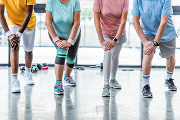 cropped image of senior sportspeople synchronous exercising at sports hall
