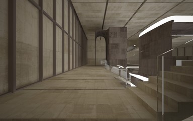 Empty dark abstract concrete room smooth interior. Architectural background. Night view of the illuminated. 3D illustration and rendering