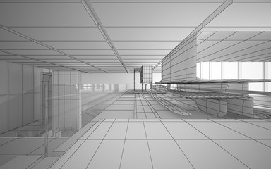 Abstract drawing white interior multilevel public space with window. 3D illustration and rendering.