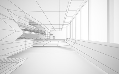 Abstract drawing white interior multilevel public space with window. 3D illustration and rendering.