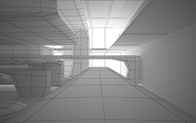 Abstract drawing white interior multilevel public space with window. 3D illustration and rendering.