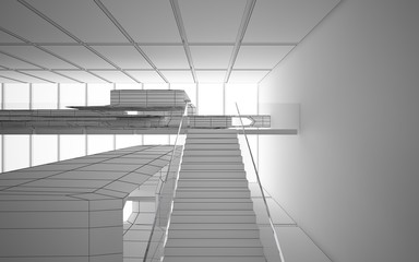 Abstract drawing white interior multilevel public space with window. 3D illustration and rendering.