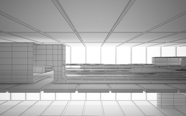 Abstract drawing white interior multilevel public space with window. 3D illustration and rendering.