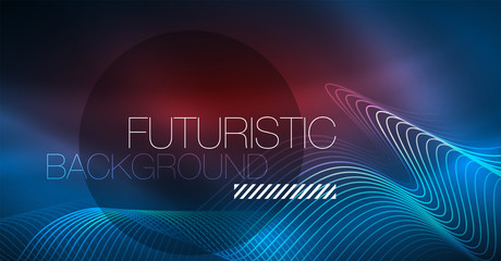Glowing abstract wave on dark, shiny motion, Christmas and New Year magic space light. Techno abstract background