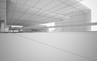 Abstract drawing white interior multilevel public space with window. 3D illustration and rendering.