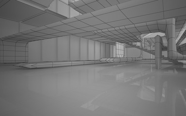 Abstract drawing white interior multilevel public space with window. 3D illustration and rendering.