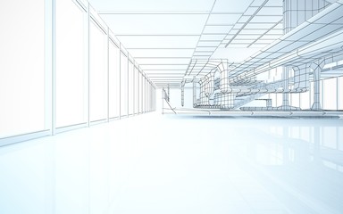 Abstract drawing white interior multilevel public space with window. 3D illustration and rendering.