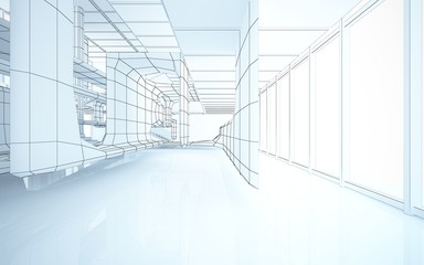 Abstract drawing white interior multilevel public space with window. 3D illustration and rendering.