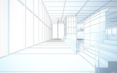 Abstract drawing white interior multilevel public space with window. 3D illustration and rendering.