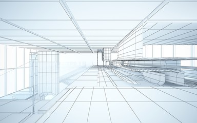 Abstract drawing white interior multilevel public space with window. 3D illustration and rendering.
