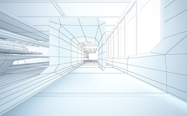 Abstract drawing white interior multilevel public space with window. 3D illustration and rendering.