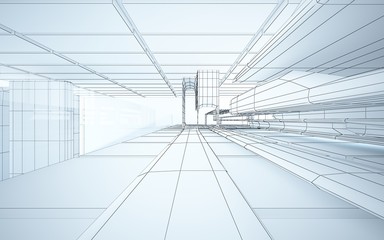 Abstract drawing white interior multilevel public space with window. 3D illustration and rendering.