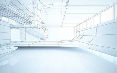 Abstract drawing white interior multilevel public space with window. 3D illustration and rendering.