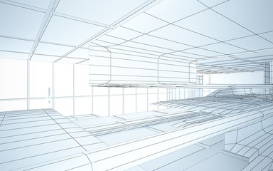 Abstract drawing white interior multilevel public space with window. 3D illustration and rendering.