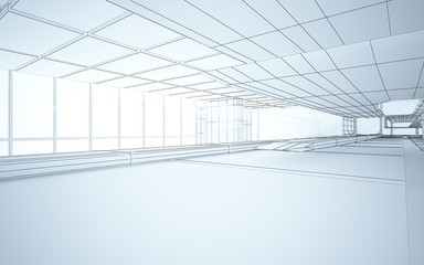 Abstract drawing white interior multilevel public space with window. 3D illustration and rendering.