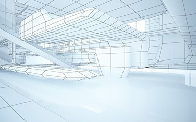 Abstract drawing white interior multilevel public space with window. 3D illustration and rendering.