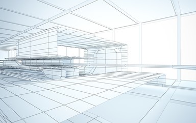 Abstract drawing white interior multilevel public space with window. 3D illustration and rendering.