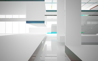 Abstract white and colored gradient glasses interior multilevel public space with window. 3D illustration and rendering.