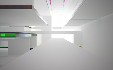 Abstract white and colored gradient glasses interior multilevel public space with window. 3D illustration and rendering.