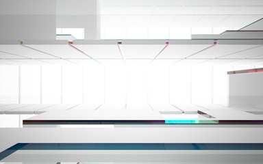 Abstract white and colored gradient glasses interior multilevel public space with window. 3D illustration and rendering.