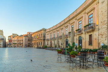 Main square Piazza Duomo in the island Ortigia in Syracuse, Sicily, Italy