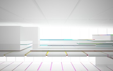 Abstract white and colored gradient glasses interior multilevel public space with window. 3D illustration and rendering.