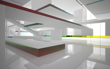 Obraz premium Abstract white and colored gradient glasses interior multilevel public space with window. 3D illustration and rendering.
