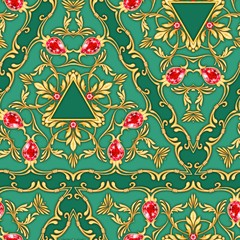 Seamless baroque pattern with gems and golden scrolls