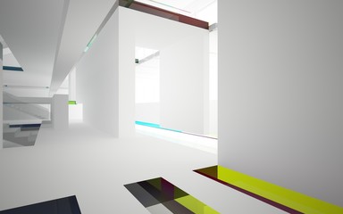 Abstract white and colored gradient glasses interior multilevel public space with window. 3D illustration and rendering.