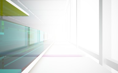 Obraz premium Abstract white and colored gradient glasses interior multilevel public space with window. 3D illustration and rendering.