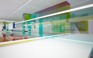 Abstract white and colored gradient glasses interior multilevel public space with window. 3D illustration and rendering.
