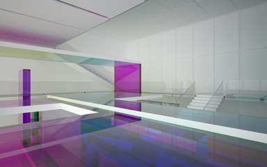 Abstract white and colored gradient glasses interior multilevel public space with window. 3D illustration and rendering.