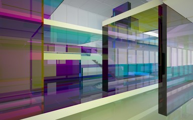 Abstract white and colored gradient glasses interior multilevel public space with window. 3D illustration and rendering.