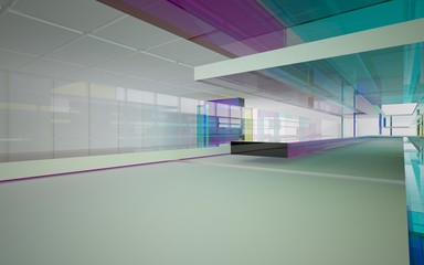 Abstract white and colored gradient glasses interior multilevel public space with window. 3D illustration and rendering.