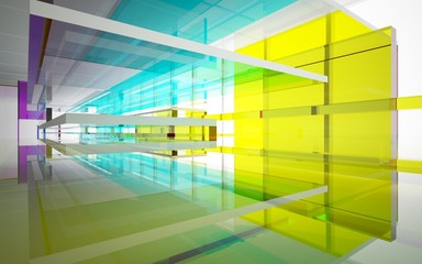 Abstract white and colored gradient glasses interior multilevel public space with window. 3D illustration and rendering.