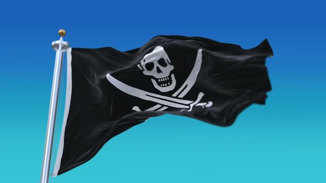 4k looping pirate corsair buccaneer flag with flagpole waving in wind.A fully digital rendering,The animation loops at 20 seconds.flag 3D animation.