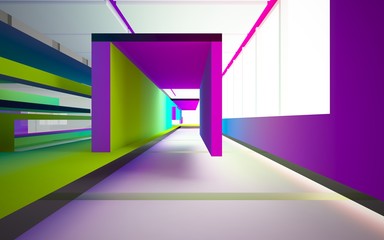 Abstract white and colored gradient glasses interior multilevel public space with window. 3D illustration and rendering.