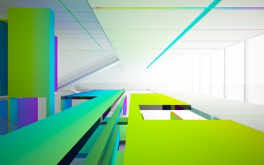 Abstract white and colored gradient glasses interior multilevel public space with window. 3D illustration and rendering.
