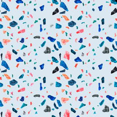 Fototapeta na wymiar Granite, Terrazzo & Tile. Terrazzo seamless pattern. Vibrant colors. Textured shapes. Granite textured shapes in vibran. Hand drawn Patterns. Colorful hand drawn design for textiles, dishes, surface.