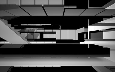 Abstract white and black interior multilevel public space with window. 3D illustration and rendering.