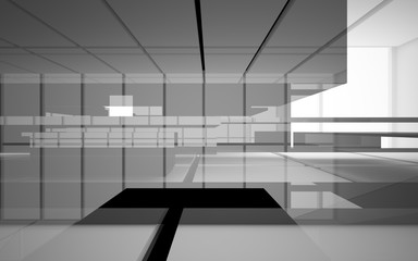 Fototapeta premium Abstract white and black interior multilevel public space with window. 3D illustration and rendering.