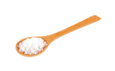 Fototapeta na wymiar wood spoon salt on white background