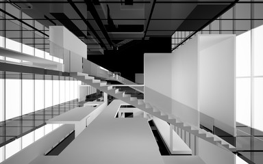 Abstract white and black interior multilevel public space with window. 3D illustration and rendering.