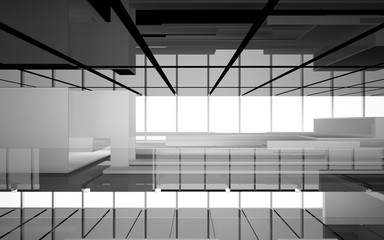 Abstract white and black interior multilevel public space with window. 3D illustration and rendering.