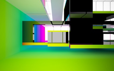 Abstract black and colored gradient glasses interior multilevel public space with window. 3D illustration and rendering.